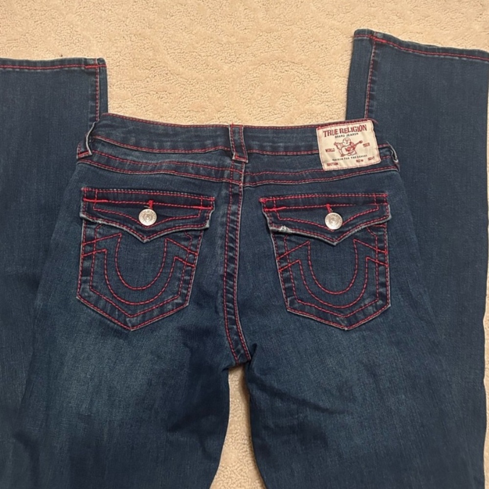 True Religion Women's Dark Blue Jeans Red Stitching